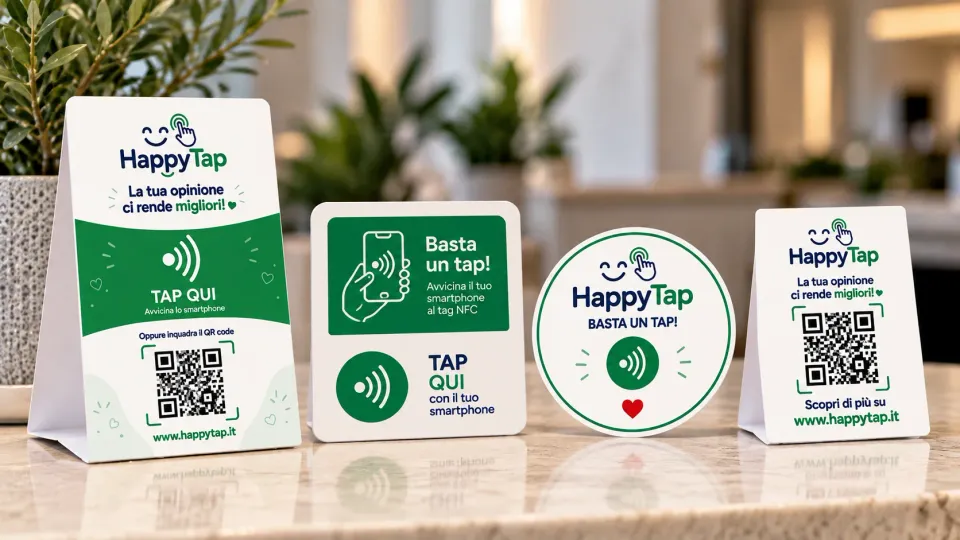 Espositori, card e adesivi HappyTap con NFC e QR code